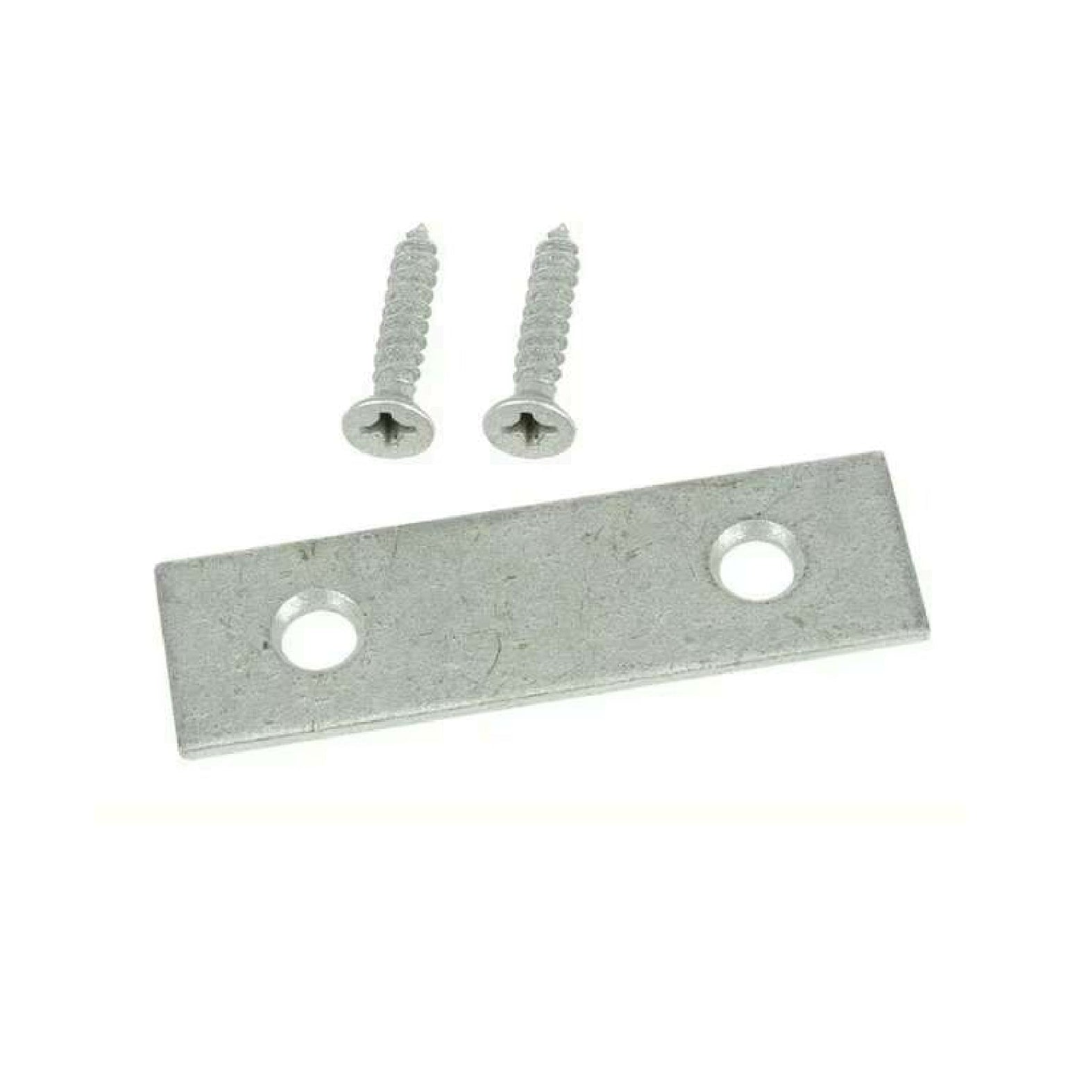 The G FORCE 40504 2 in. Zinc Plated Mending Plate (4-pack) comes with screws, perfect for repairing and reinforcing projects. Made of durable steel, shown with two holes and included silver screws on a white background.